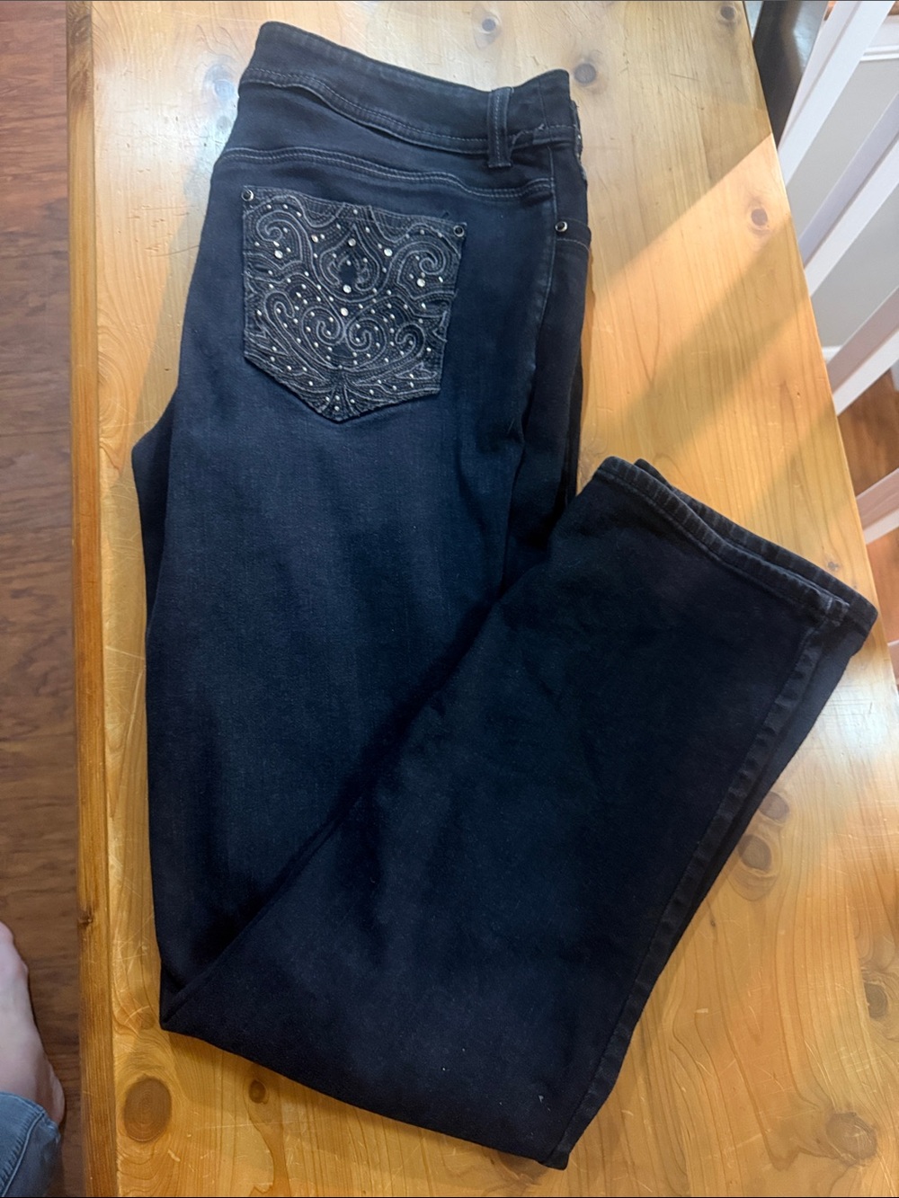 Chico's Black "so slimming" Straight Leg Jeans with Embellished Back Pocket